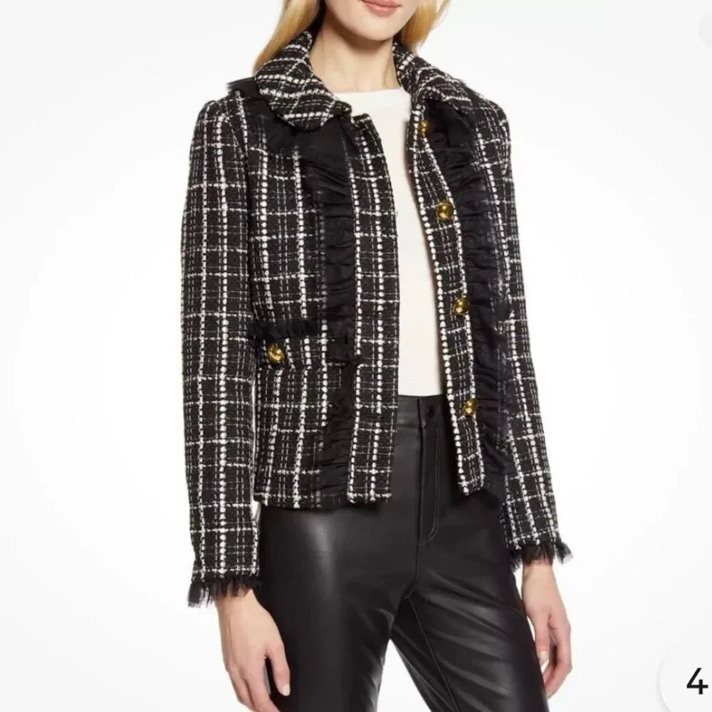 HALOGEN x ATLANTIC PACIFIC | NWT Tulle Ruffle Plaid Jacket‎ Tweed Blazer | Large